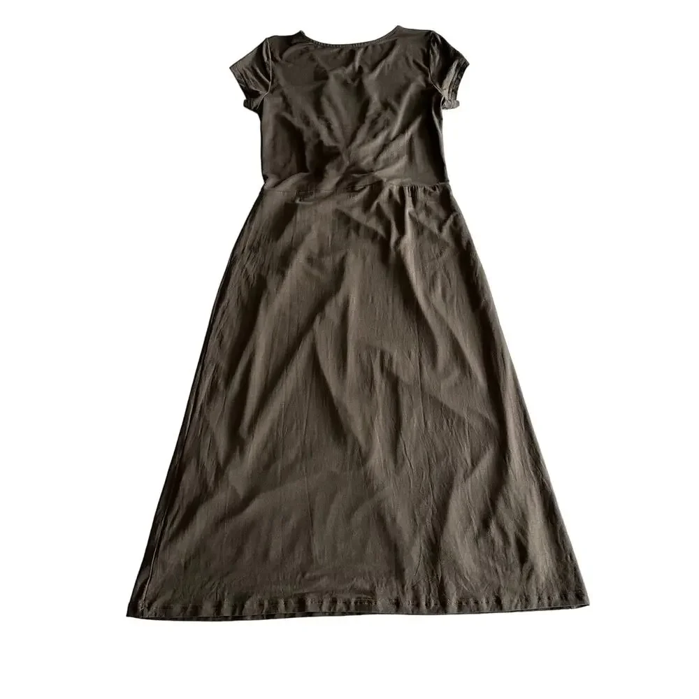 Garnet Hill Tencel Blend Draped Tie Front Short Sleeve‎ Maxi Grey Brown Dress M